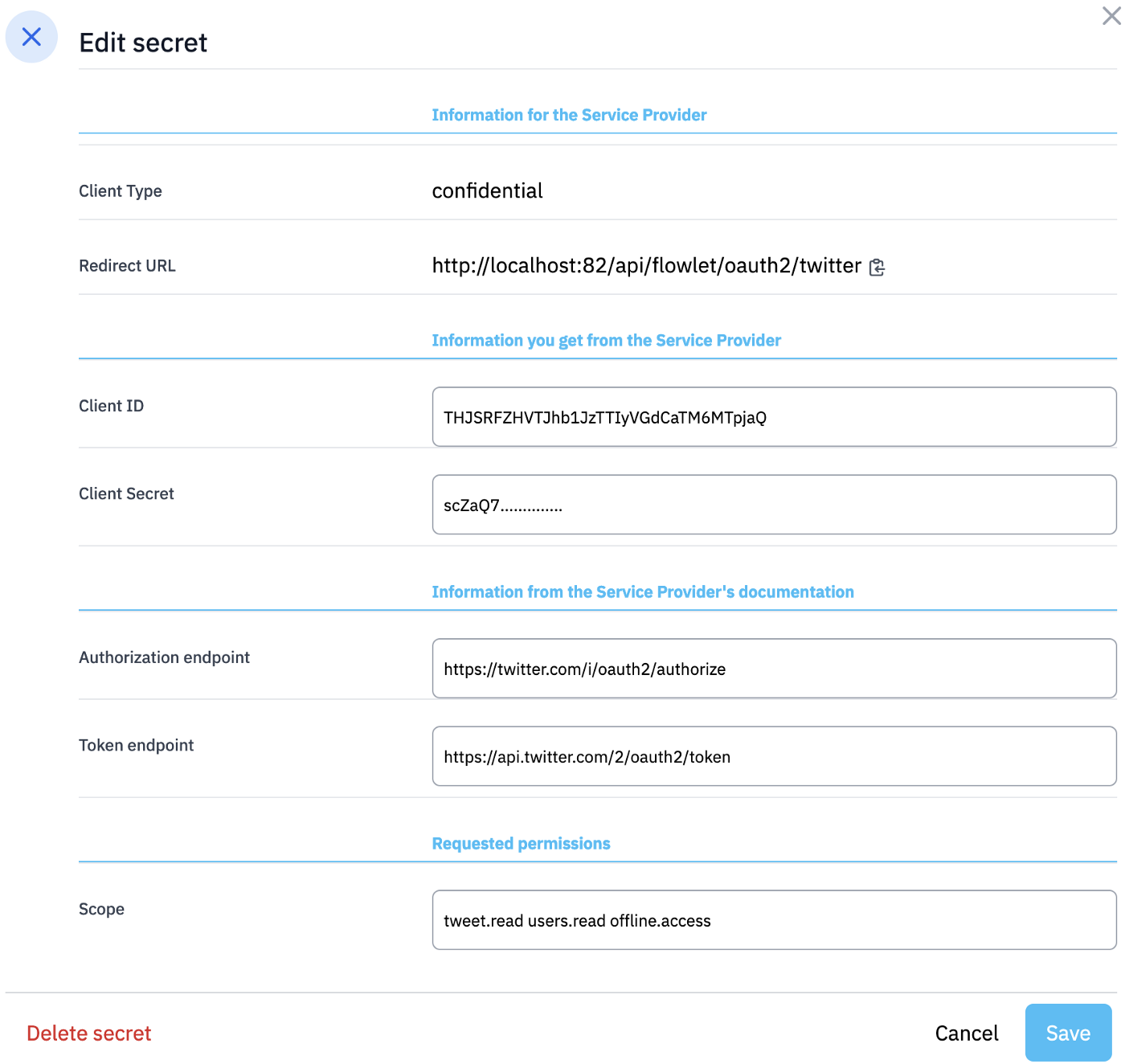 Flowlet configuration for OAuth2 secrets